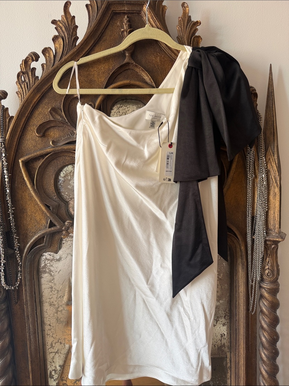 Ted Baker one shoulder White Slip Dress with Black Bow Accent